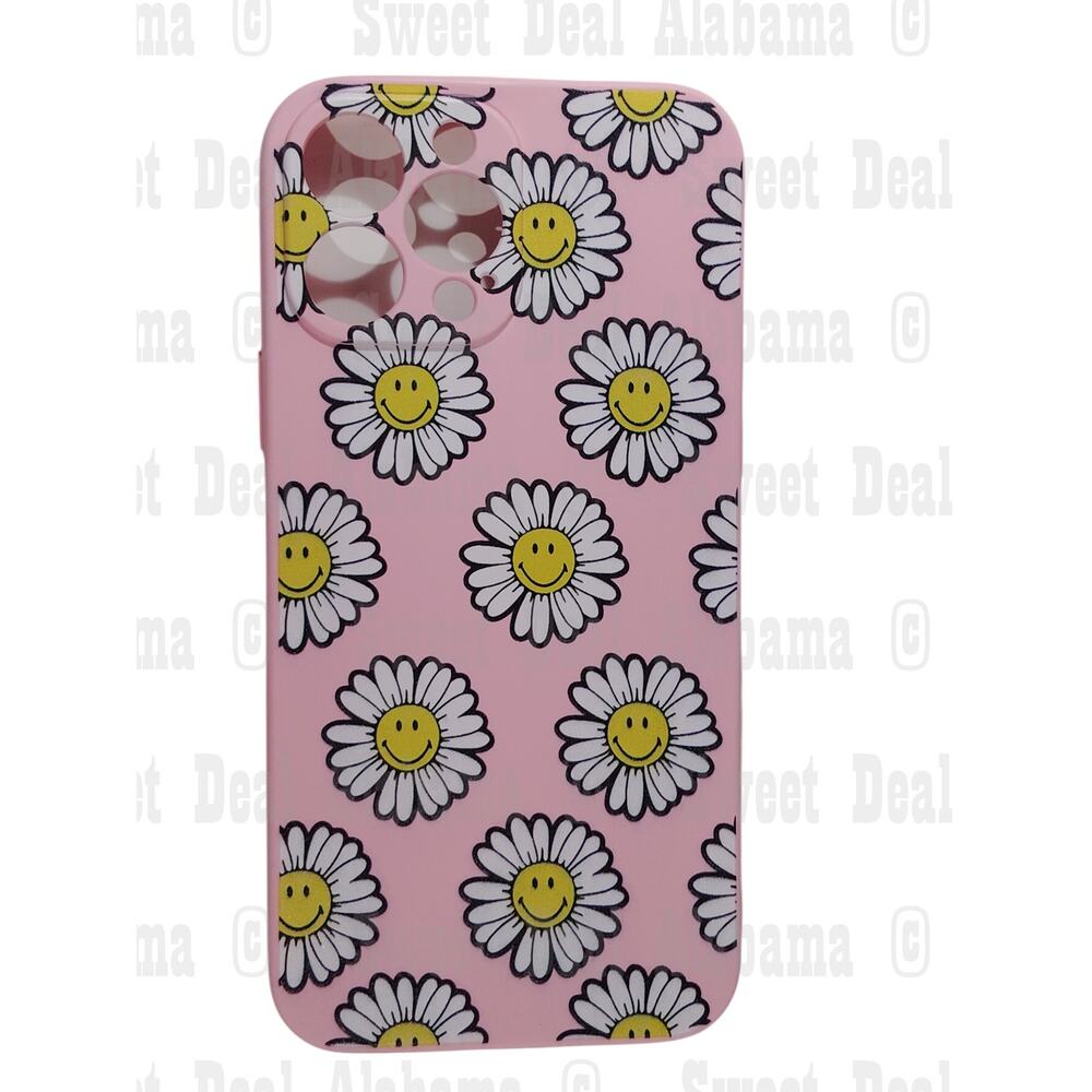 Mobile Case For iPhone 13 Pro Max Case, Pink with Daisies w/ Smiley Face Centers
